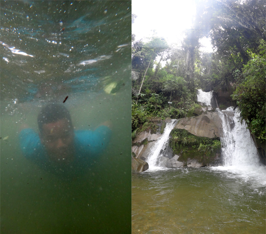 menyelam di air terjun (kiri) - air terjun menyegarkan (kanan)