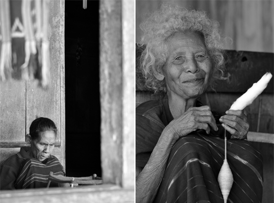 menenun kain (kiri); memintal kapas (kanan)