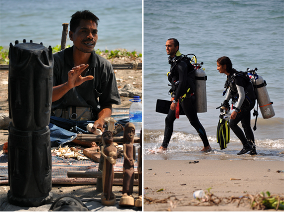 pengerejin patung (kiri) ; Diver di Dive Center (kanan)