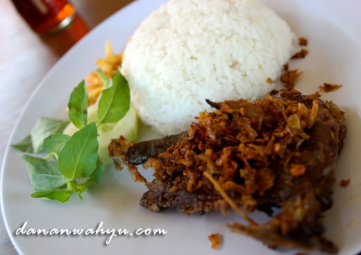 Seporsi Bebek Songkem lengkap dengan nasi putih dan lalapan