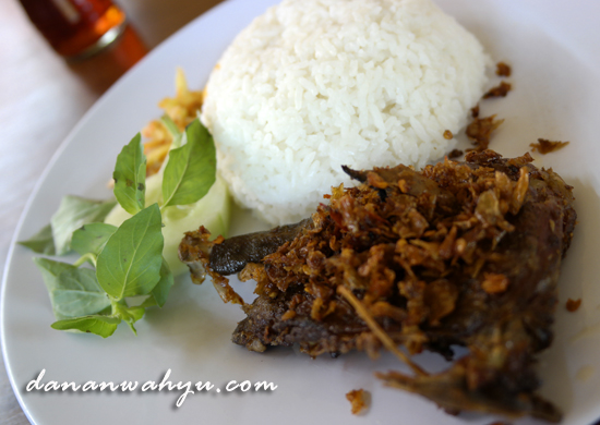 Seporsi Bebek Songkem lengkap dengan nasi putih dan lalapan