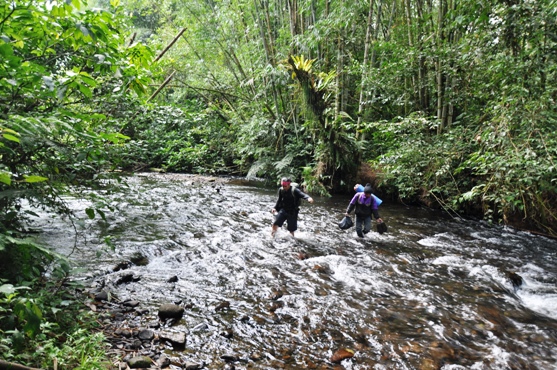 melintasi sungai berarus besar sebelum sampai ke Danau Kaco
