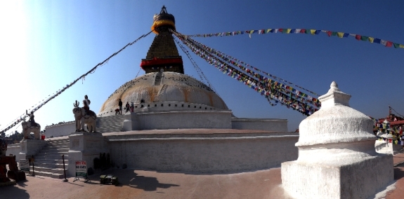 The Buddhist stupa of Boudhanath dominates the skyline