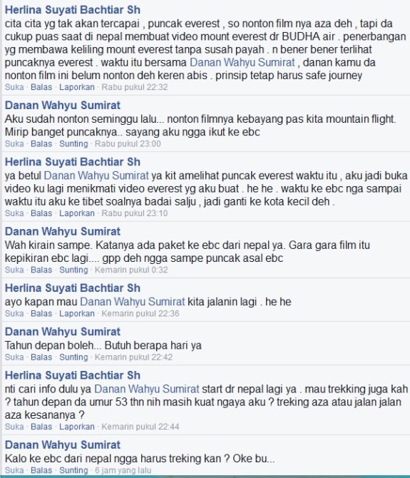 percakapan saya dan Herline - rencana perjalanan ke EBC 