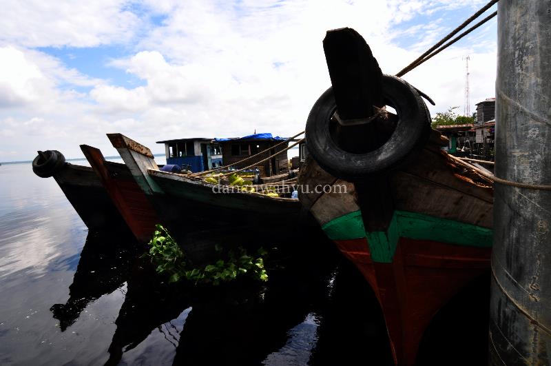 Biduk kayu merapat di tepian sungai