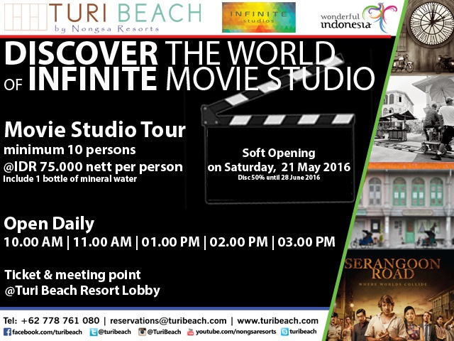 Tulisan di atas merupakan pengalaman berkunjung ke Infinite Studios bersama Turi Beach Resort. Bagi yang berminat dengan Movie Studio Tour dapat mengubungi Turi Beach Resort ( 0778 761 080) 