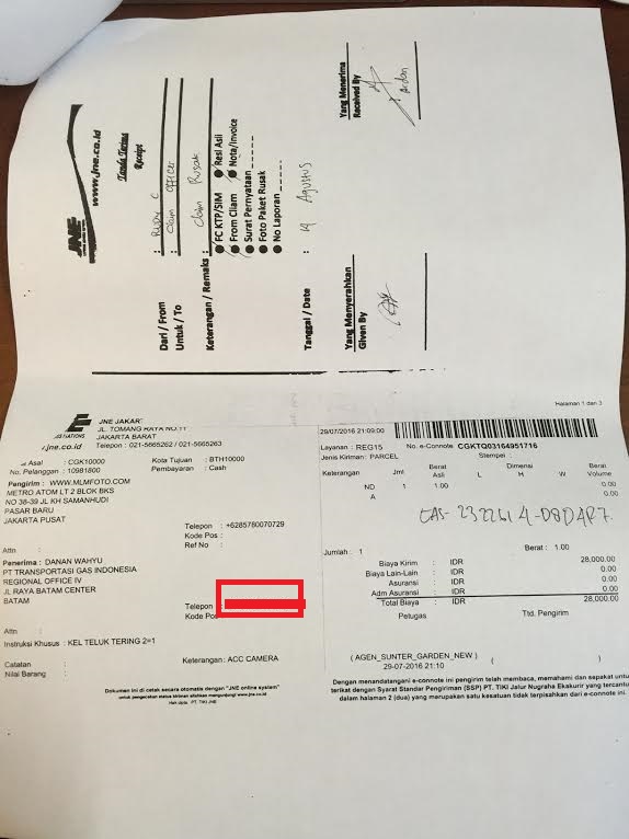 komplain yang dikirimkan MLM Foto kepada JNE Express 