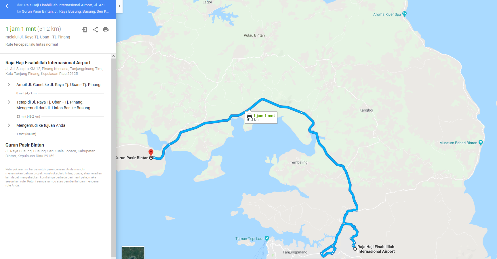 Rute dari Tanjung Pinang atau Bandar Udara Internasional Raja Haji Fisabilillah dengan menggunakan kendaraan pribad atau sewa.