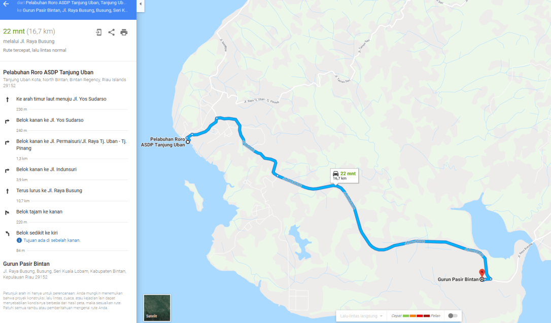 Rute dari Batam dengan menyebrang dari pelabuhan Tanjung Uban dengan kendaraan pribadi atau sewa.
