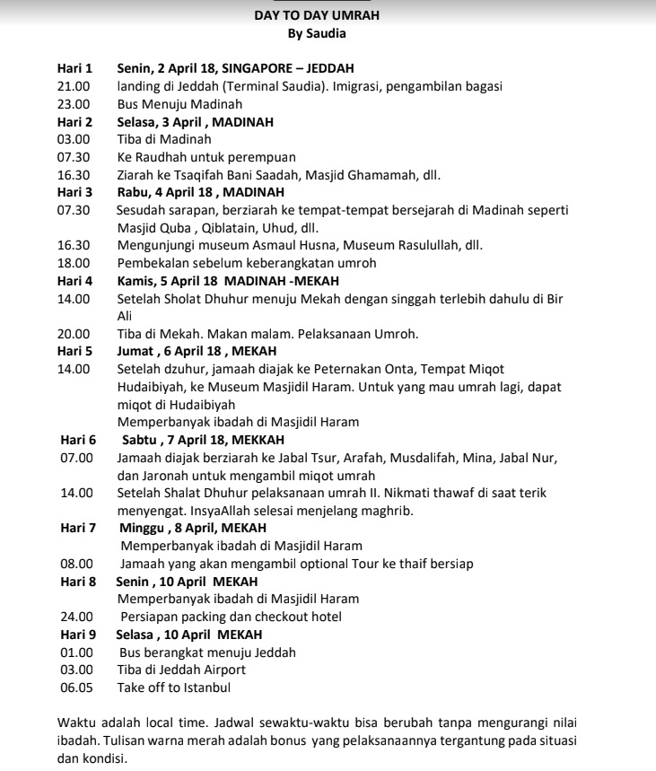 Itinerary umroh plus Turki bulan April 