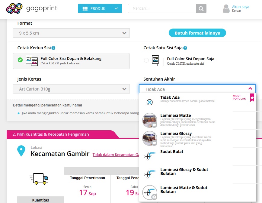 Mau finishing kartu seperti apa?